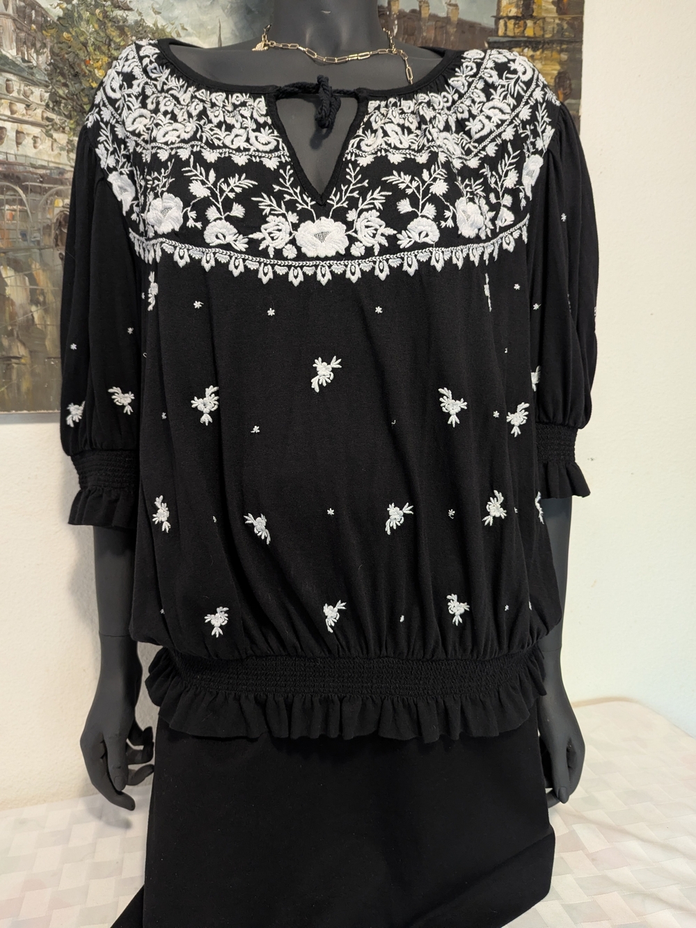 Lauren Ralph Lauren Black Peasant Blouse with White Floral Embroidery